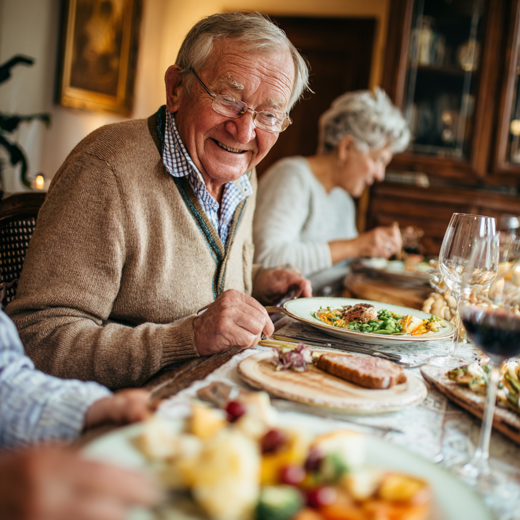 Older adults enjoying nutritious meal in cozy dining room